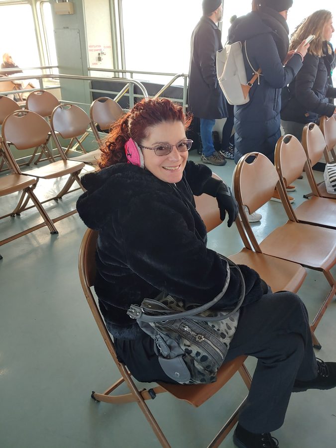 Lynne inside the ferry